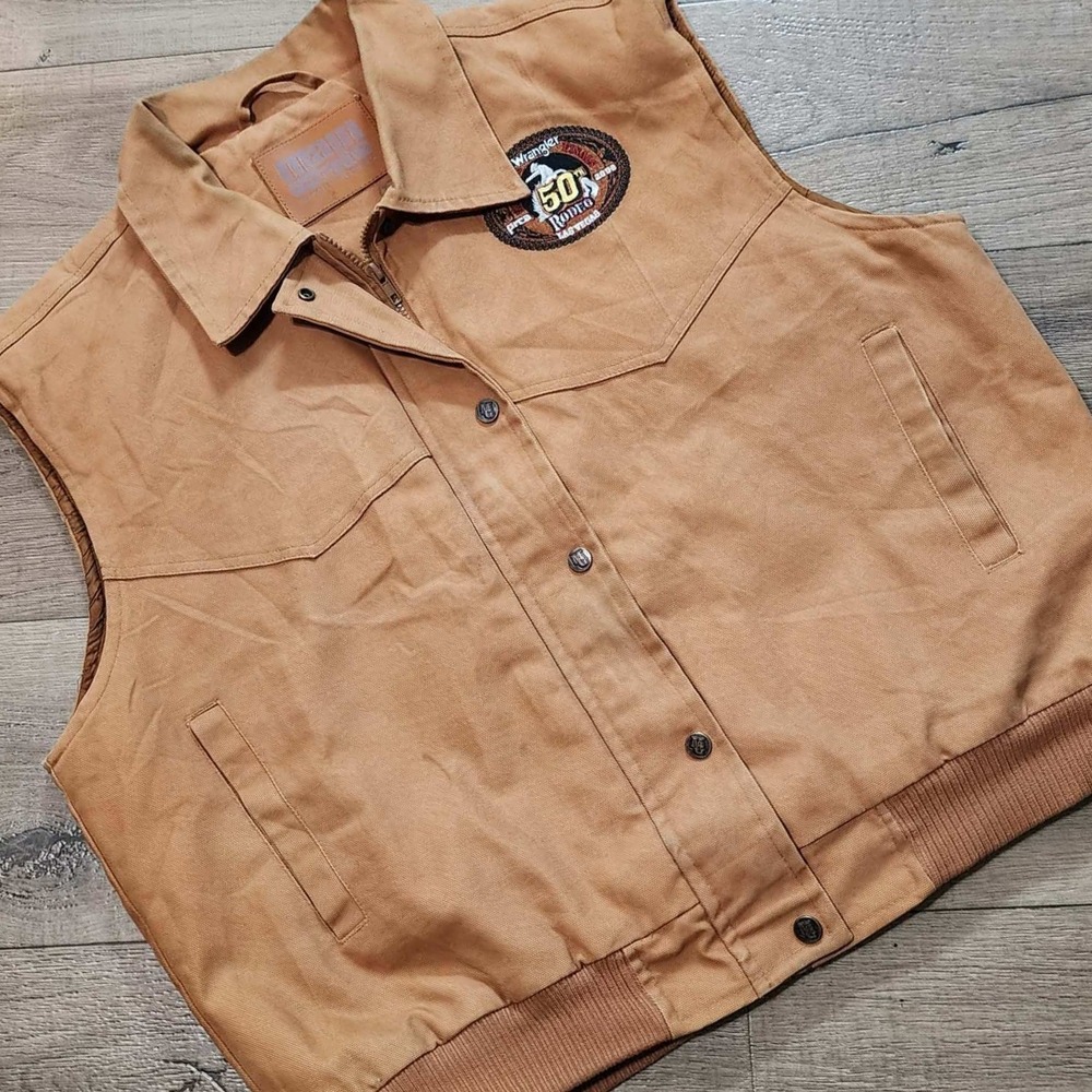 Wrangler NFR 50th Anniversary Rodeo Las Vegas Ranchers Vest Mens XL Tan Cowboy